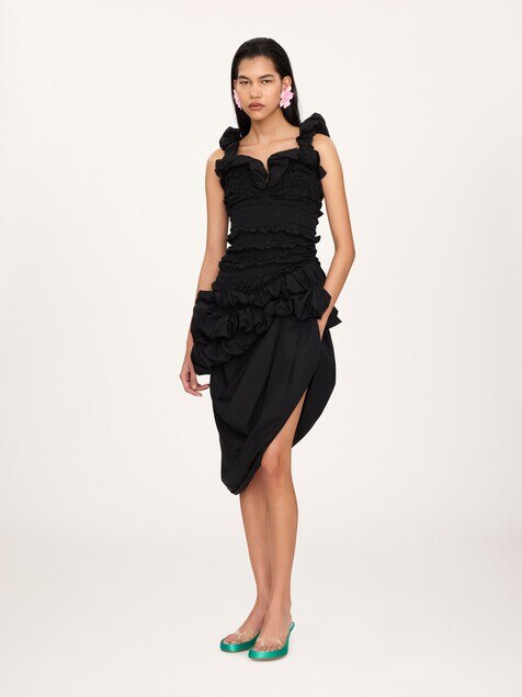 Abito midi bustier increspato in popeline di cotone
