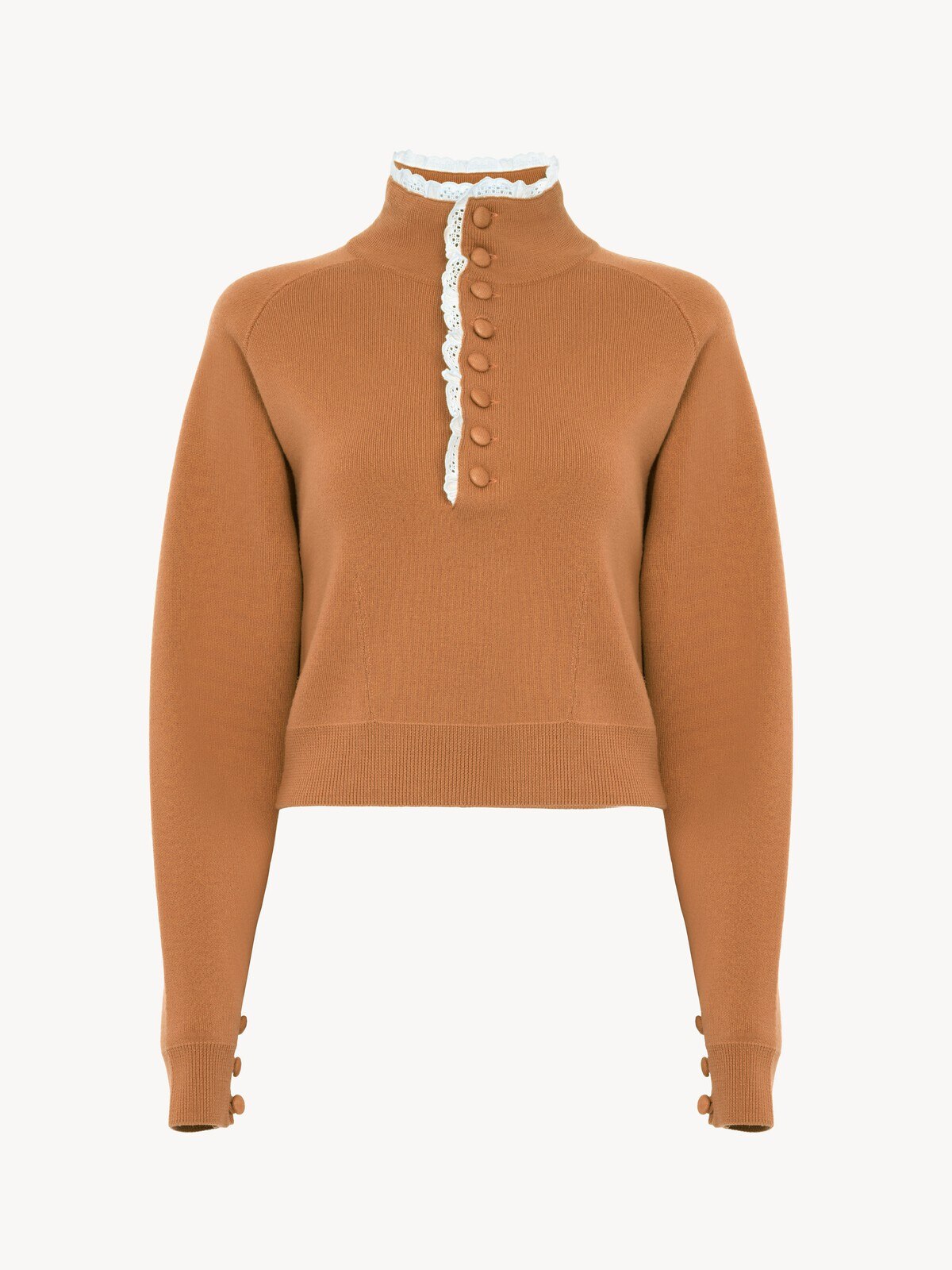 High-neck sweater in a wool knit & lace