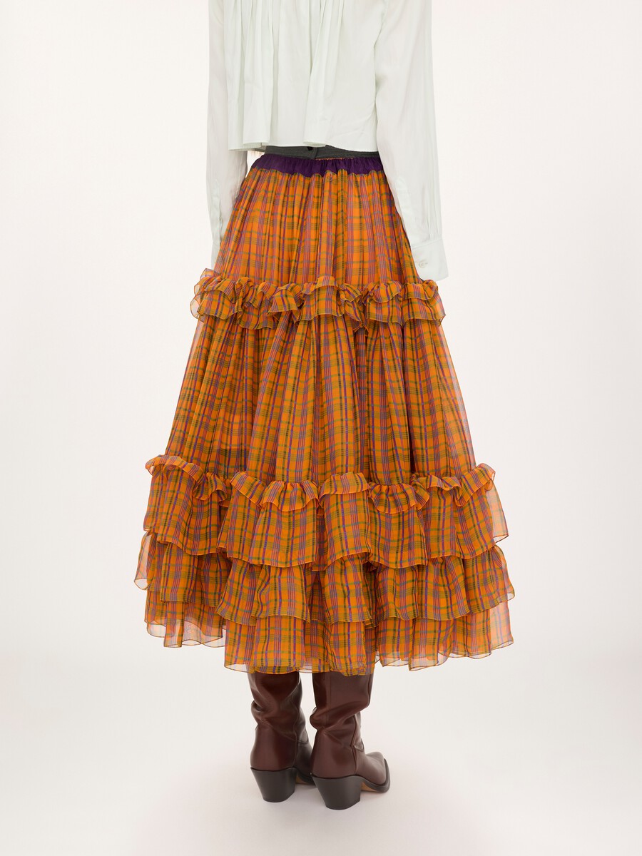 Ruffled long skirt in check silk mousseline - 5