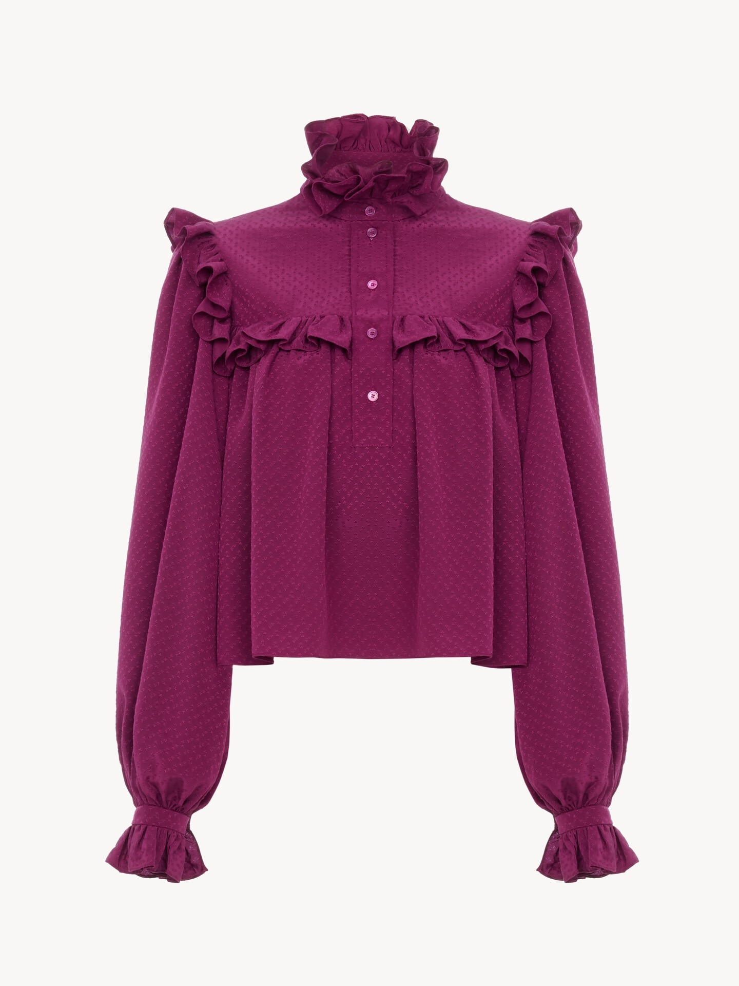 Ruffled high-neck top in silk jacquard - 2.0