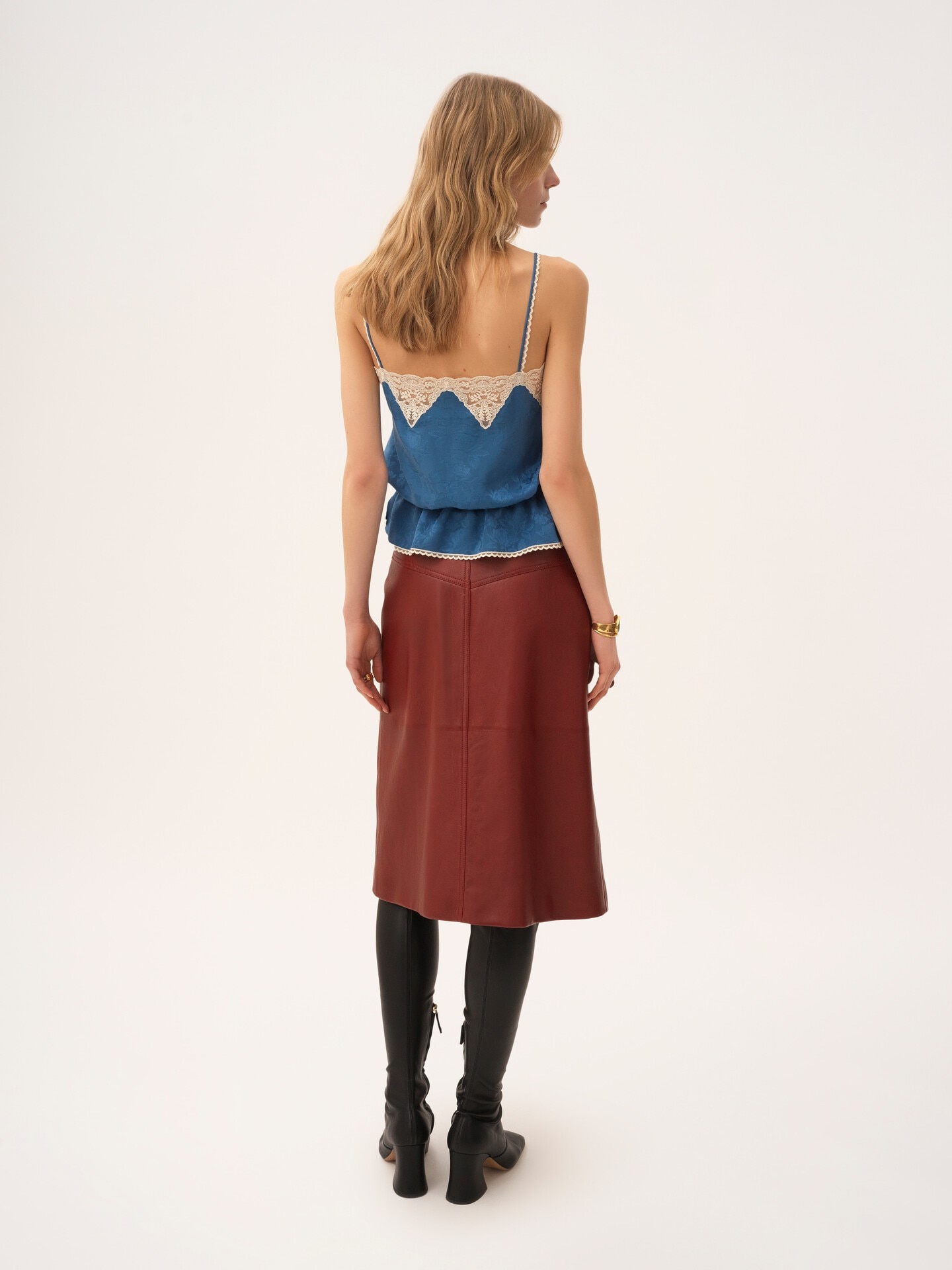 Top caraco &agrave; liens de serrage en soie jacquard et dentelle - 5