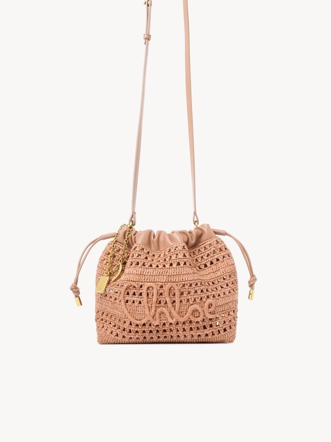 Mini Summer Banana drawstring shoulder bag in raffia