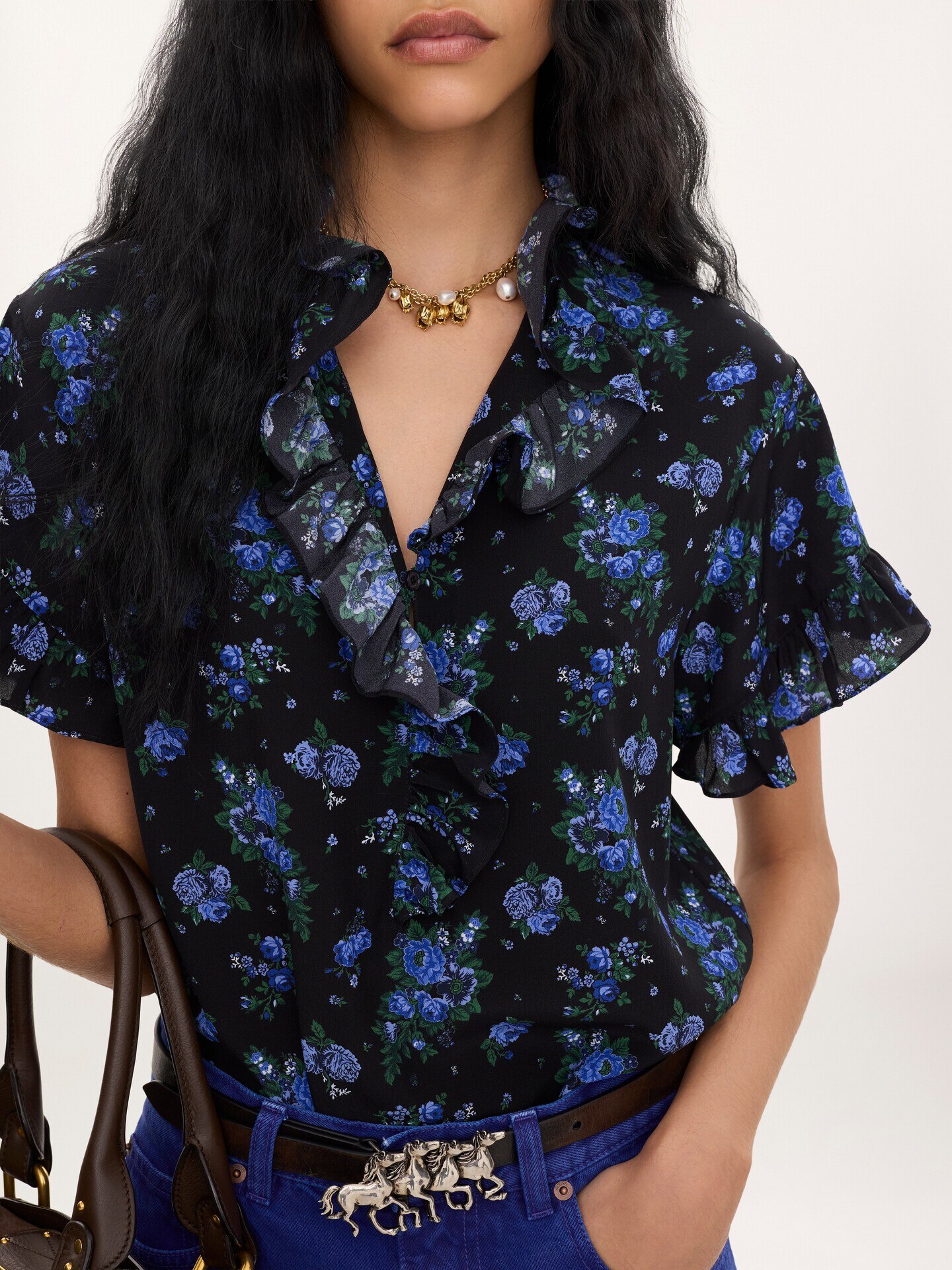 Short-sleeve ruffled top in cr&ecirc;pe de chine - 6.0