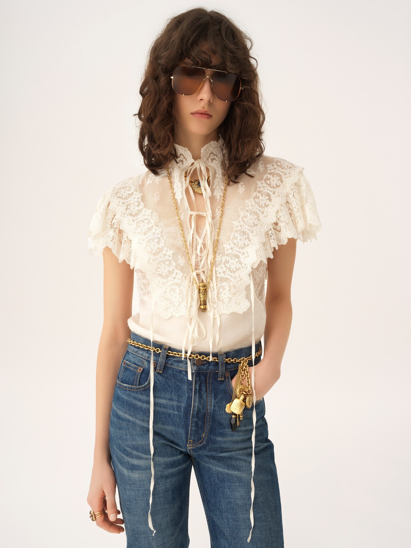 High-neck cropped top in cotton tulle & lace - 4