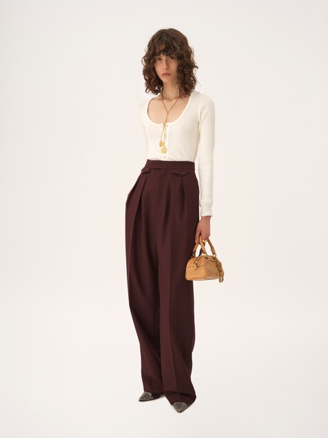 High-rise gathered trousers in wool gabardine