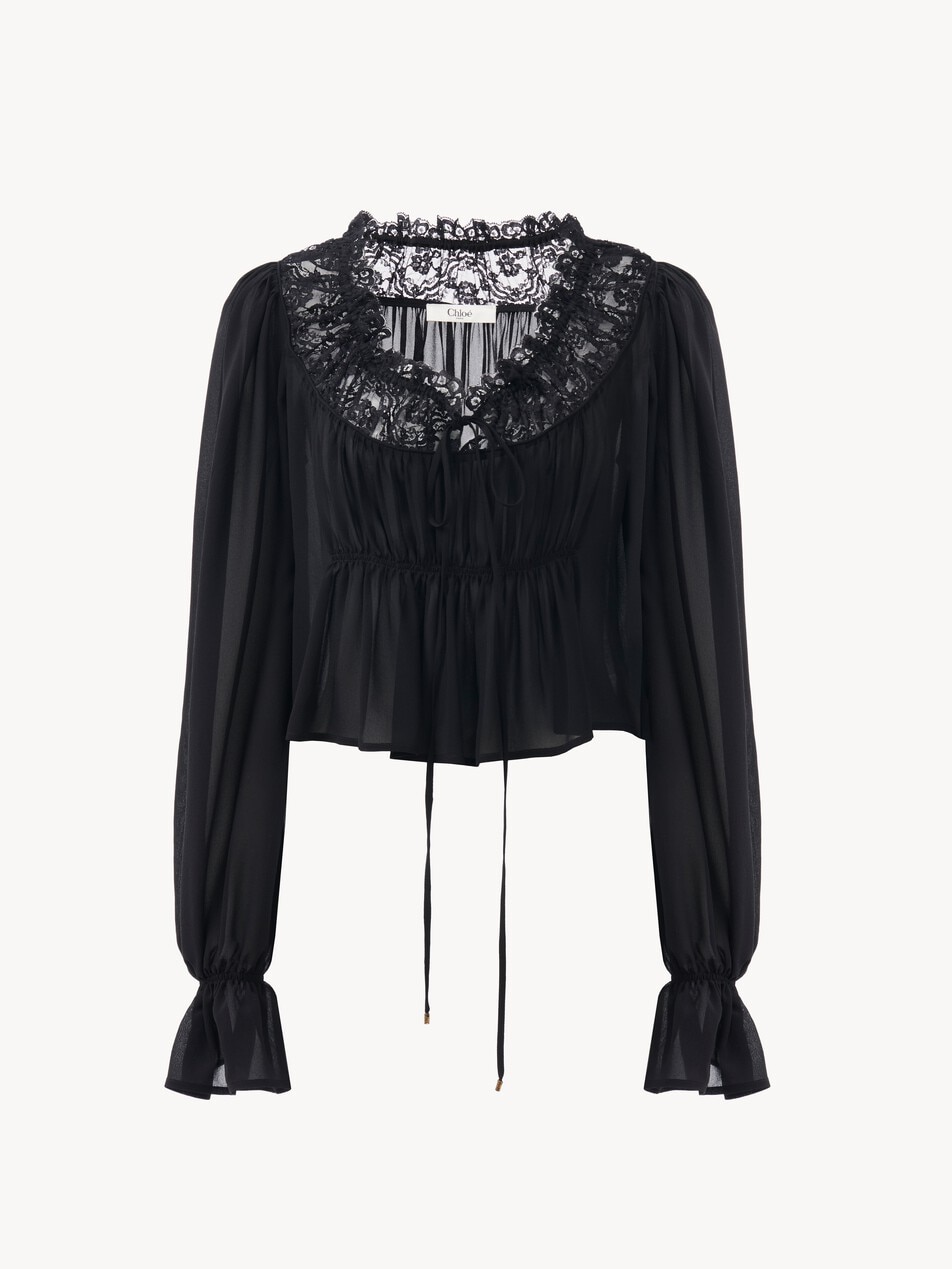 Scoop-neck cropped top in silk georgette & lace