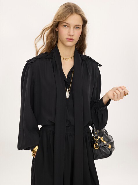 Gathered scarf-tie blouse in cr&ecirc;pe de chine & lace