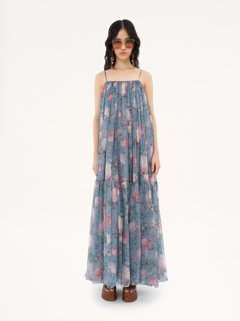 Sleeveless long dress in silk mousseline