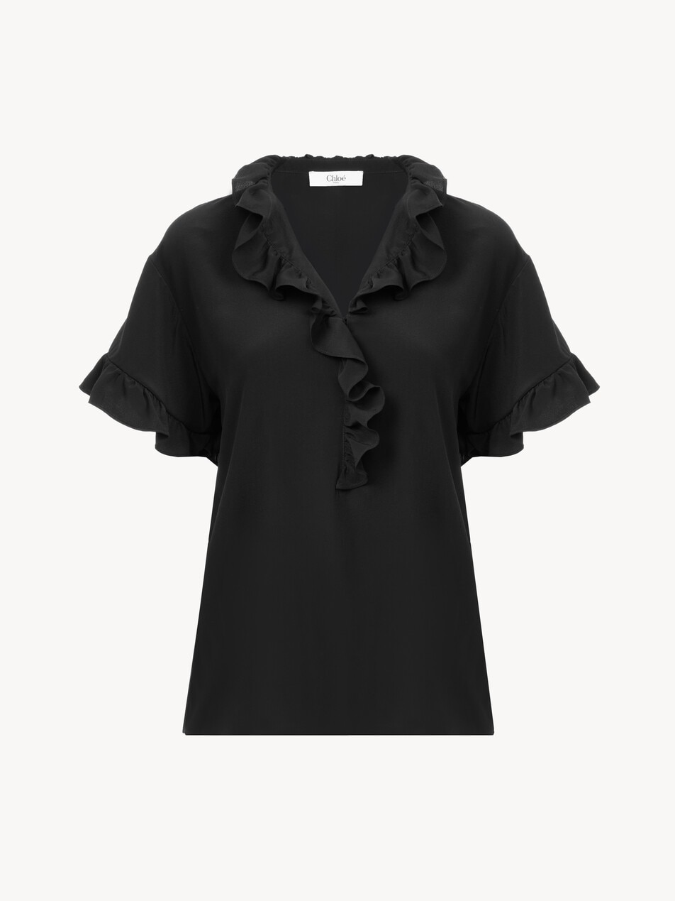 Short-sleeve ruffled top in cr&ecirc;pe de chine
