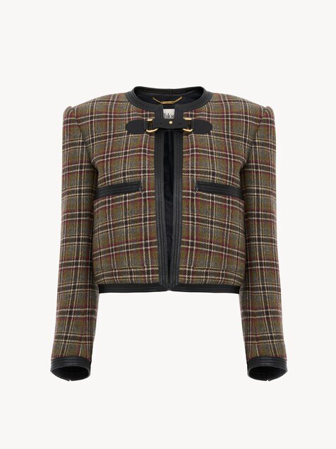 Collarless cropped boxy jacket in check wool