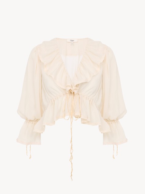 Cropped V-neck ruffle top in silk georgette & lace