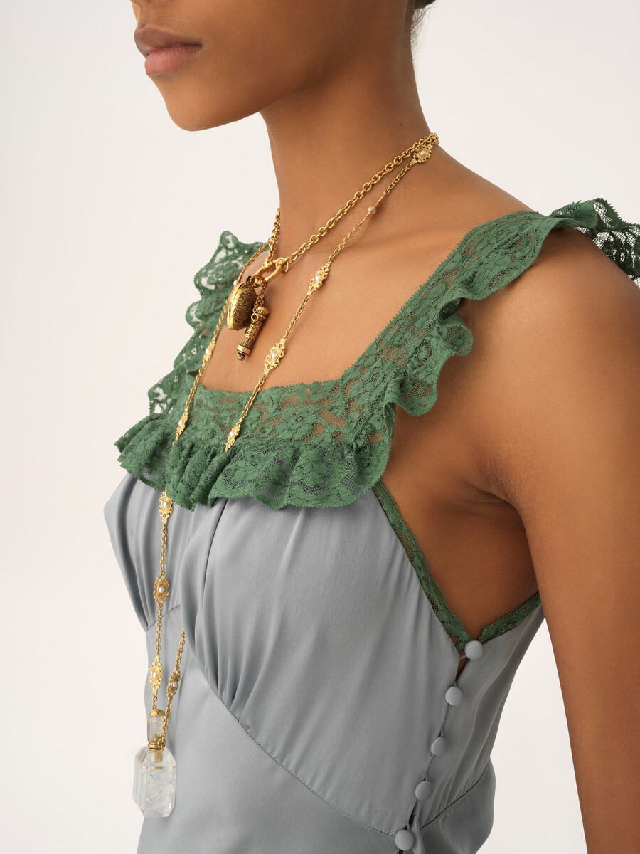 Sleeveless column dress in washed silk satin & lace - 5