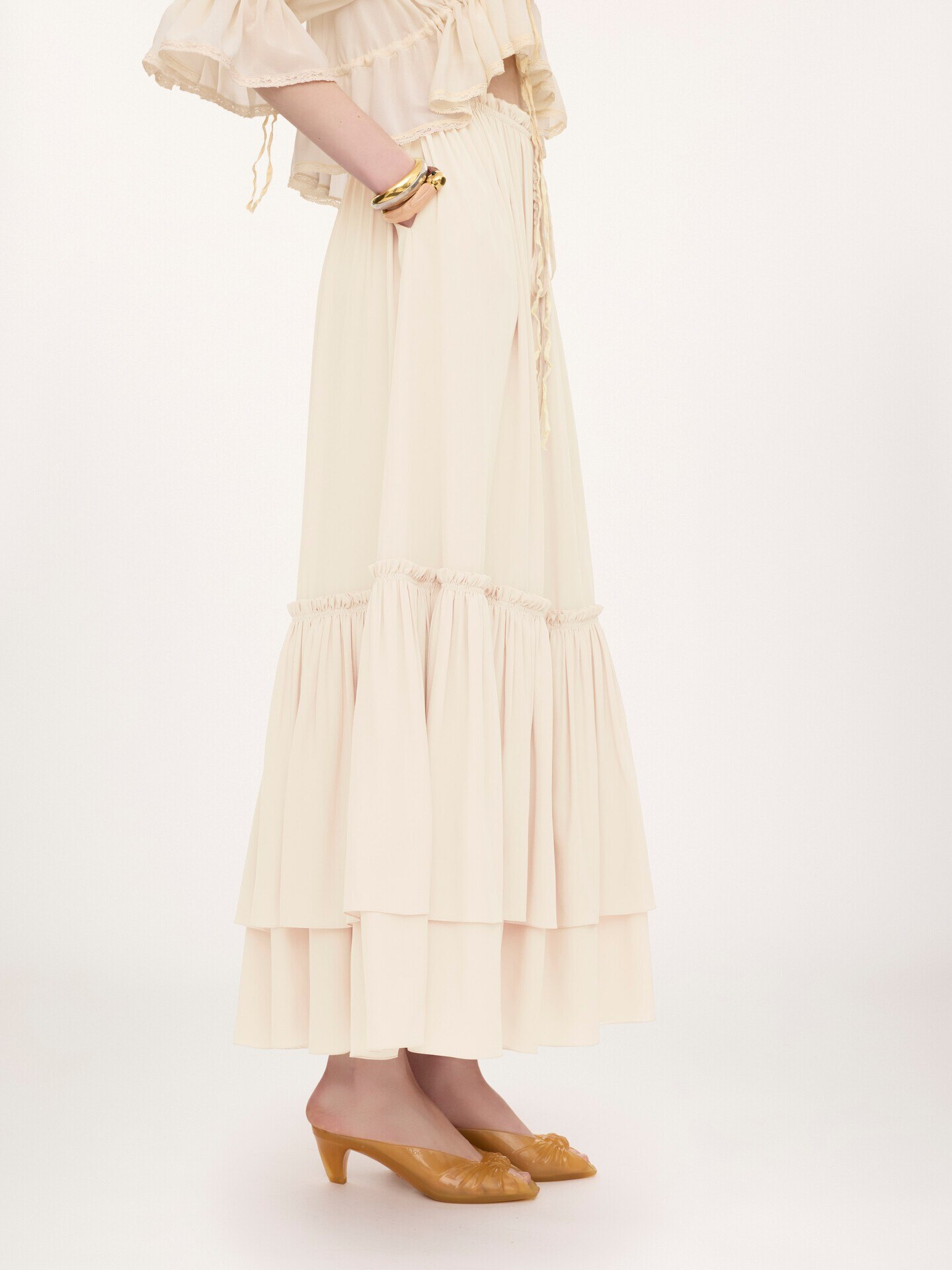 Ruffled long skirt in silk mousseline - 5.0