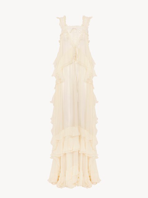 Sleeveless layered long dress in silk mousseline & lace