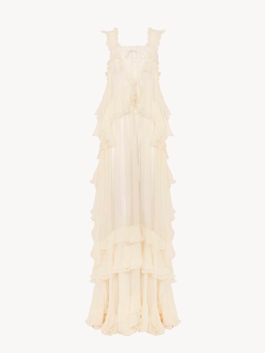 Sleeveless layered long dress in silk mousseline & lace - 2
