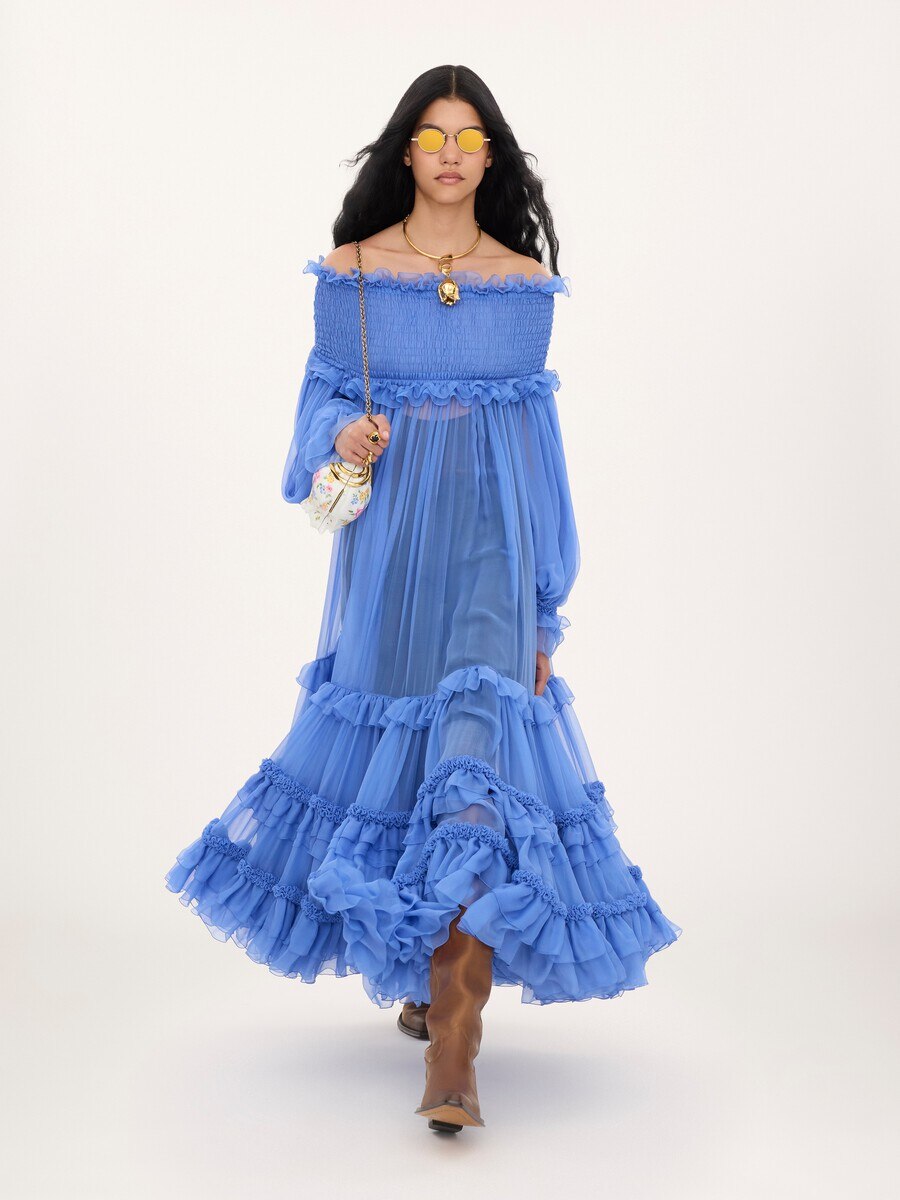 Off-the-shoulder long dress in silk mousseline - 3