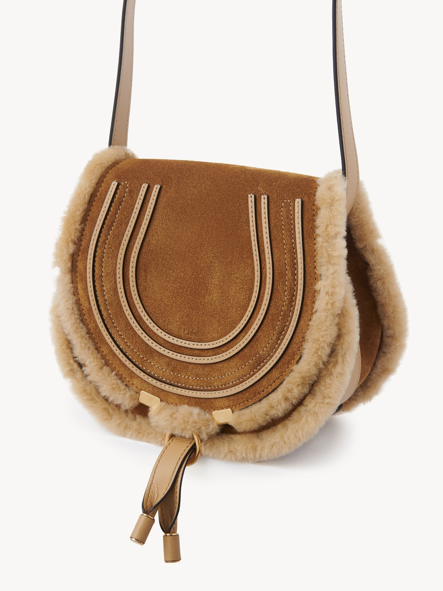Petit sac port&eacute; &eacute;paule Marcie en cuir velours et shearling - 5