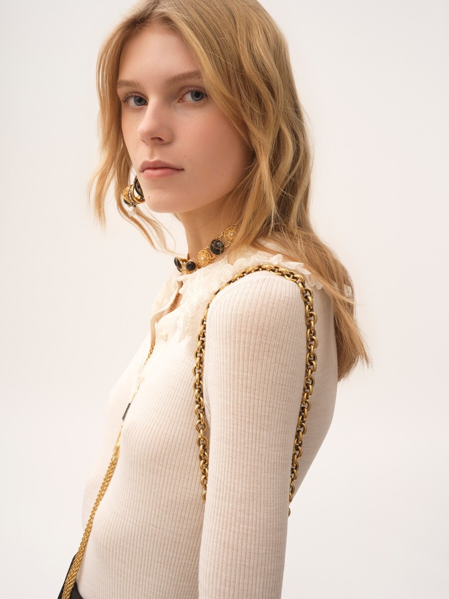 Pull henley &agrave; col en maille de laine extrafine et dentelle - 6