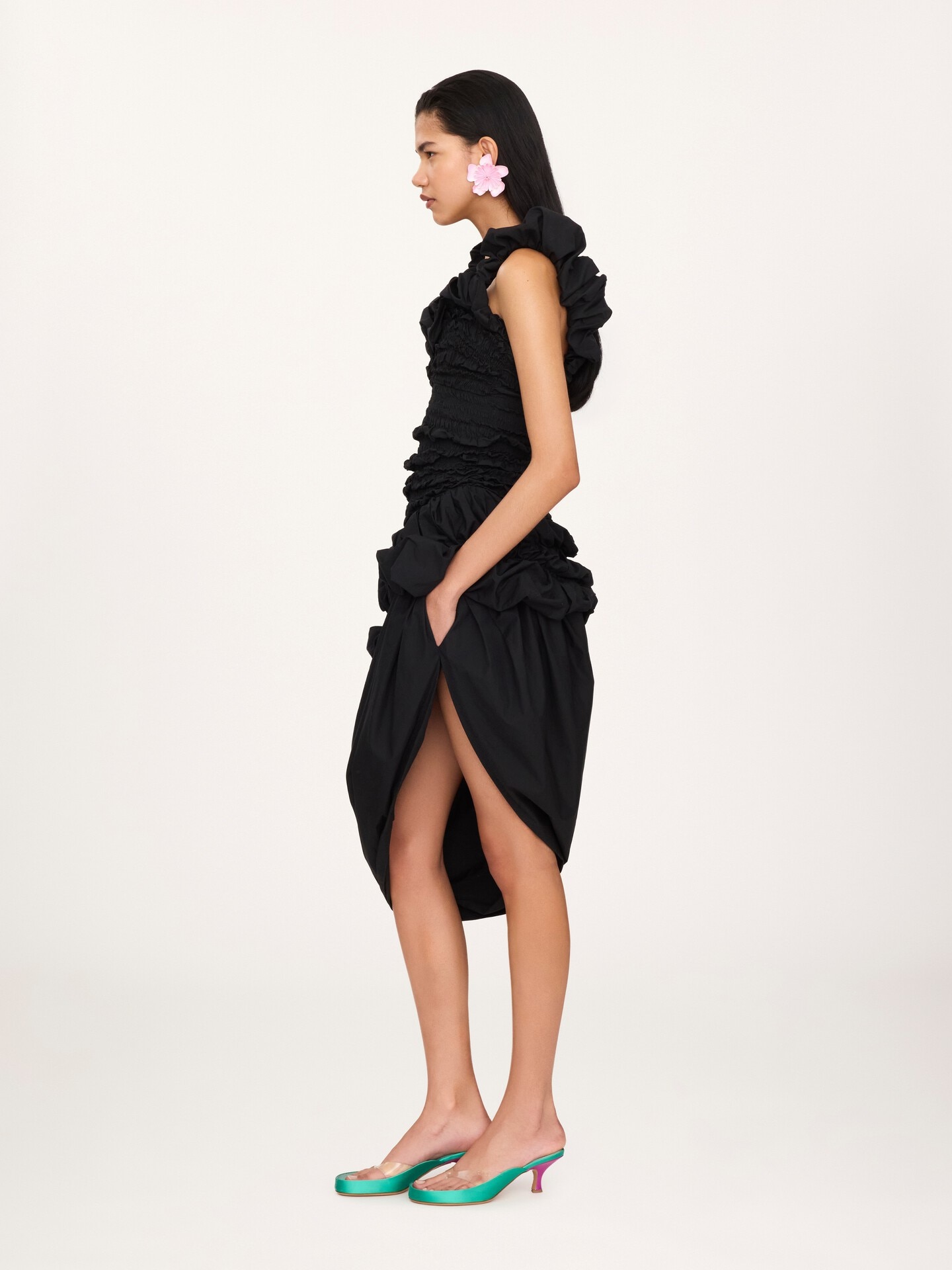 Robe midi sans manches fronc&eacute;e en popeline de coton - 4