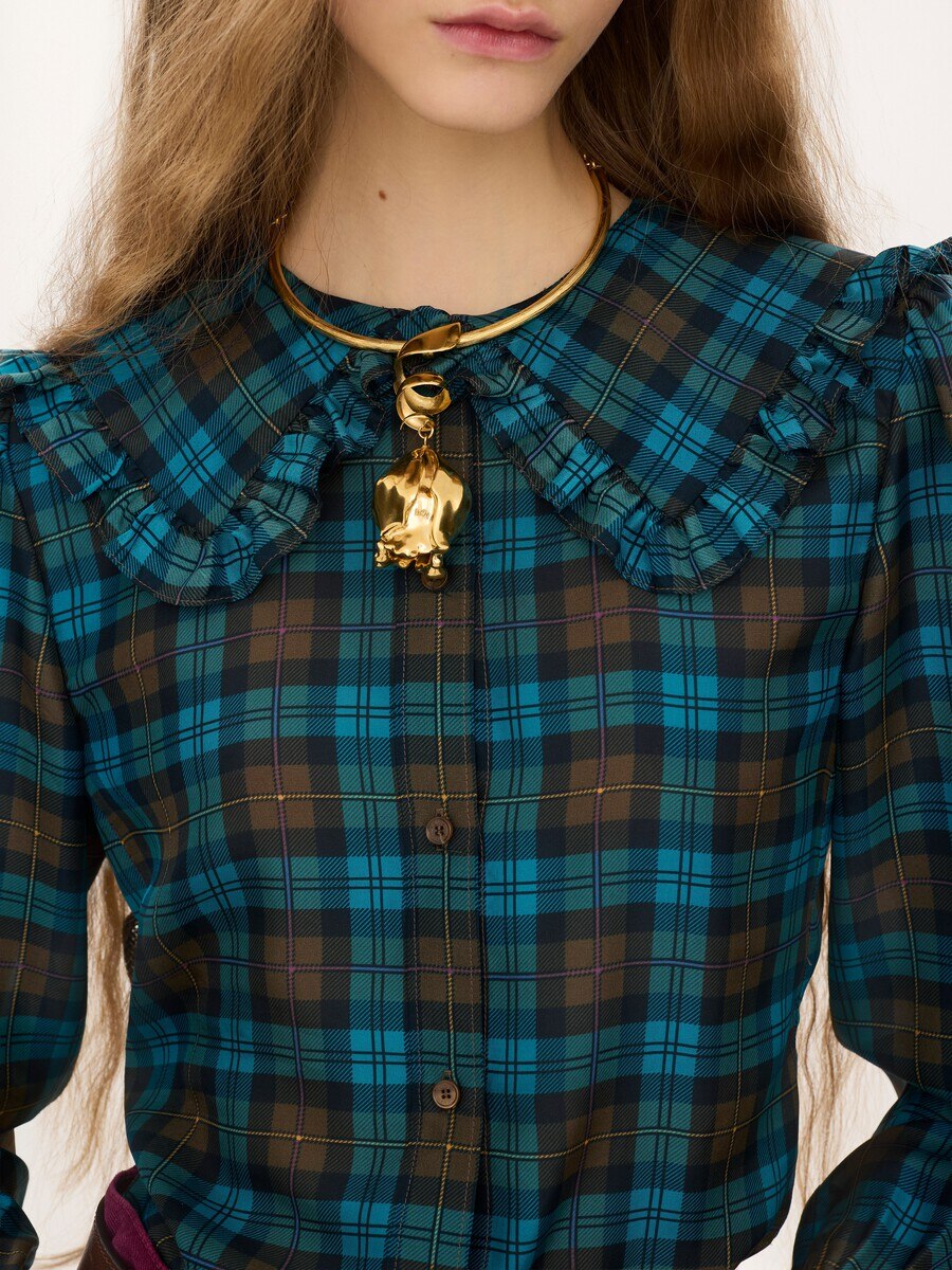 Ruffled lavalli&egrave;re blouse in check silk habotai - 6