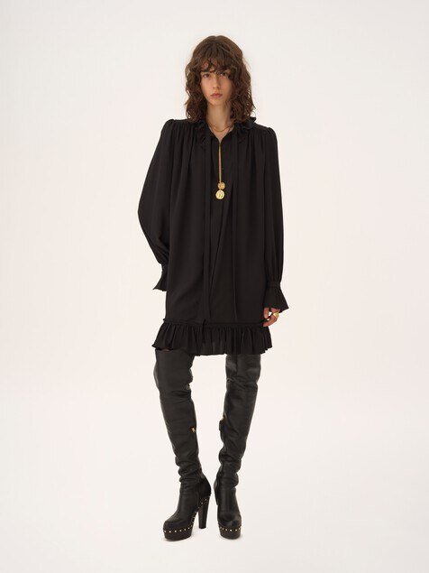 Long-sleeve mini dress in cr&ecirc;pe de chine