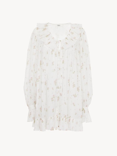 Gathered long-sleeve mini dress in cotton voile