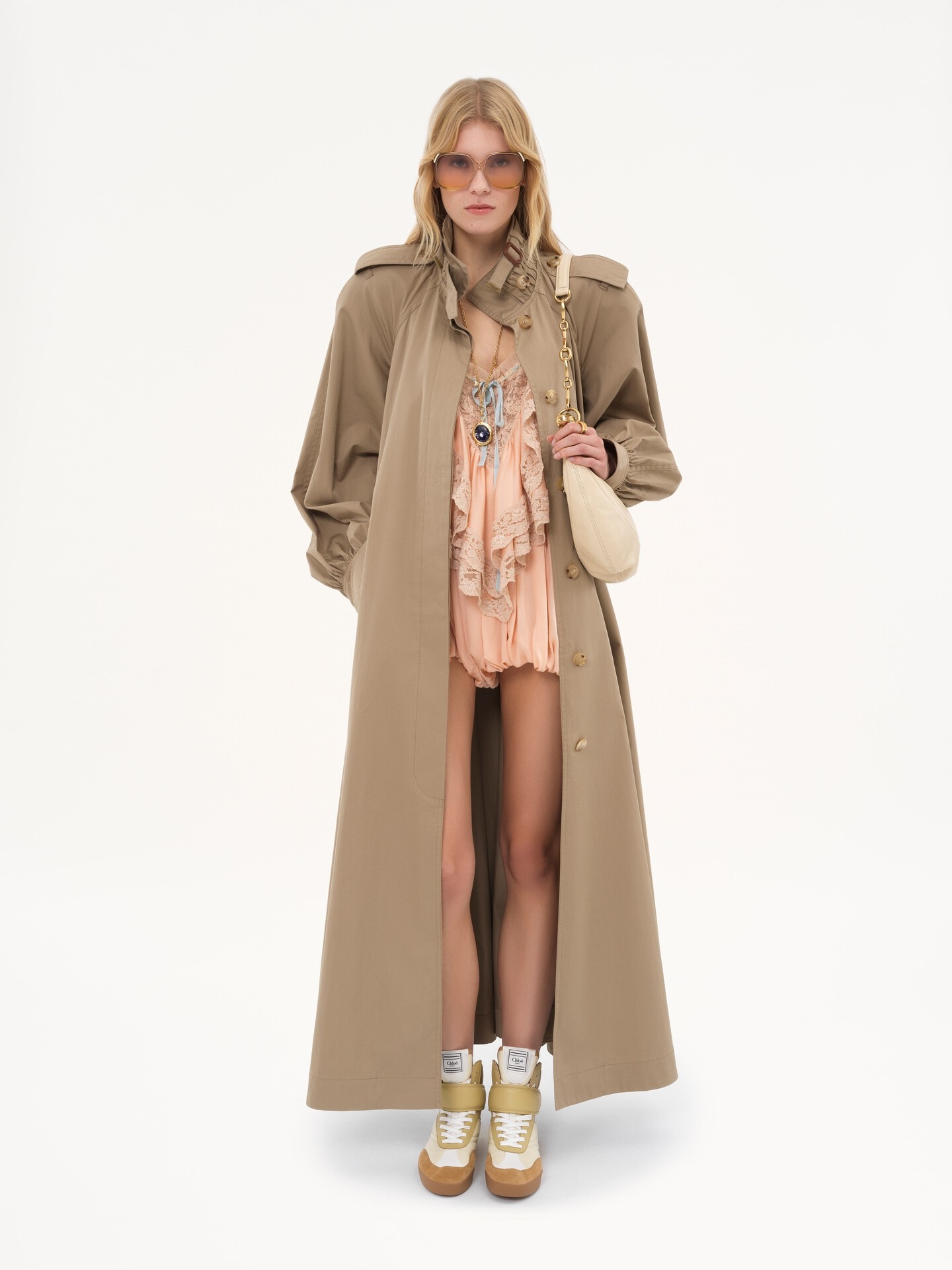 High-neck long trench coat in cotton gabardine - 3