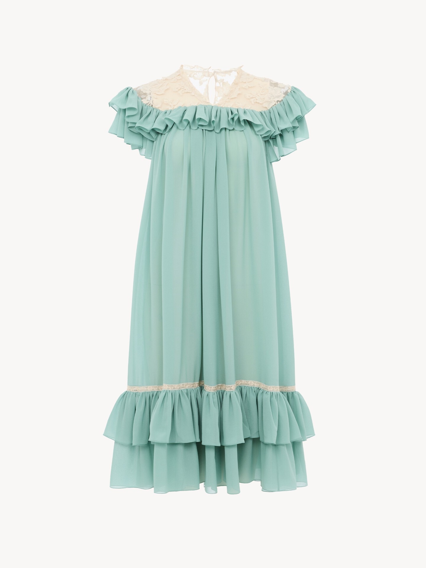 Short-sleeve mini dress in silk georgette & lace - 2