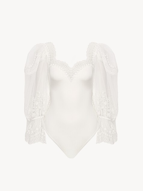Puff-sleeve bodysuit in shiny stretch jersey & lace