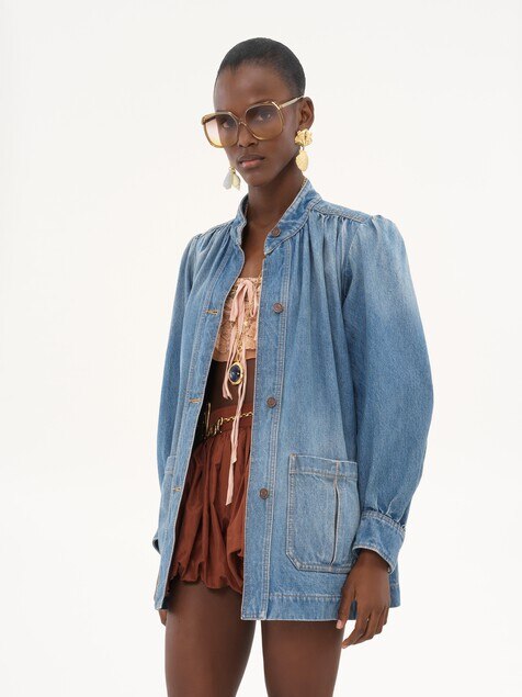 High-neck gathered jacket in denim