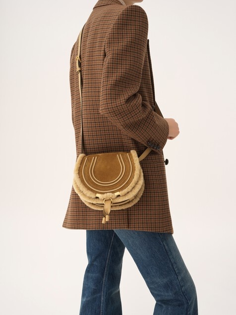 Small Marcie saddle bag in suede leather & shearling