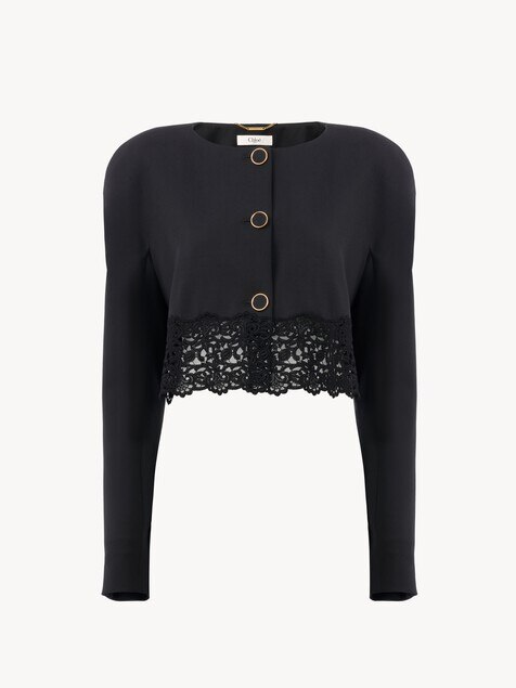 Veste courte sans col en laine grain de poudre et dentelle