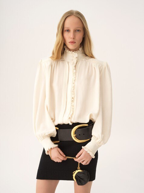 Blouse oversize &agrave; volants en soie jacquard