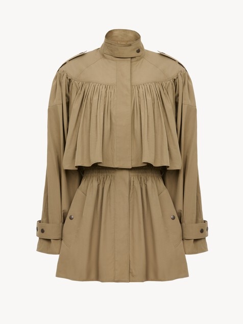 High-neck short trench coat in cotton poplin