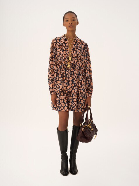 Gathered mini dress in cr&ecirc;pe de chine