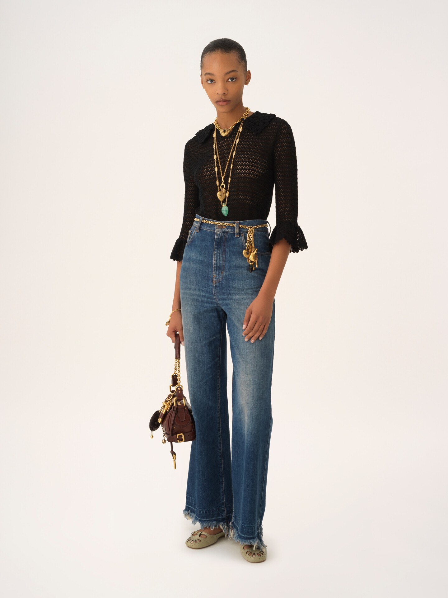 ウールニット製肘丈スリーブカラーセーター 黒 - Chloé