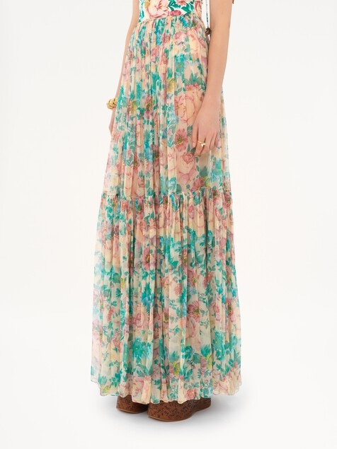 Gathered maxi skirt in silk mousseline