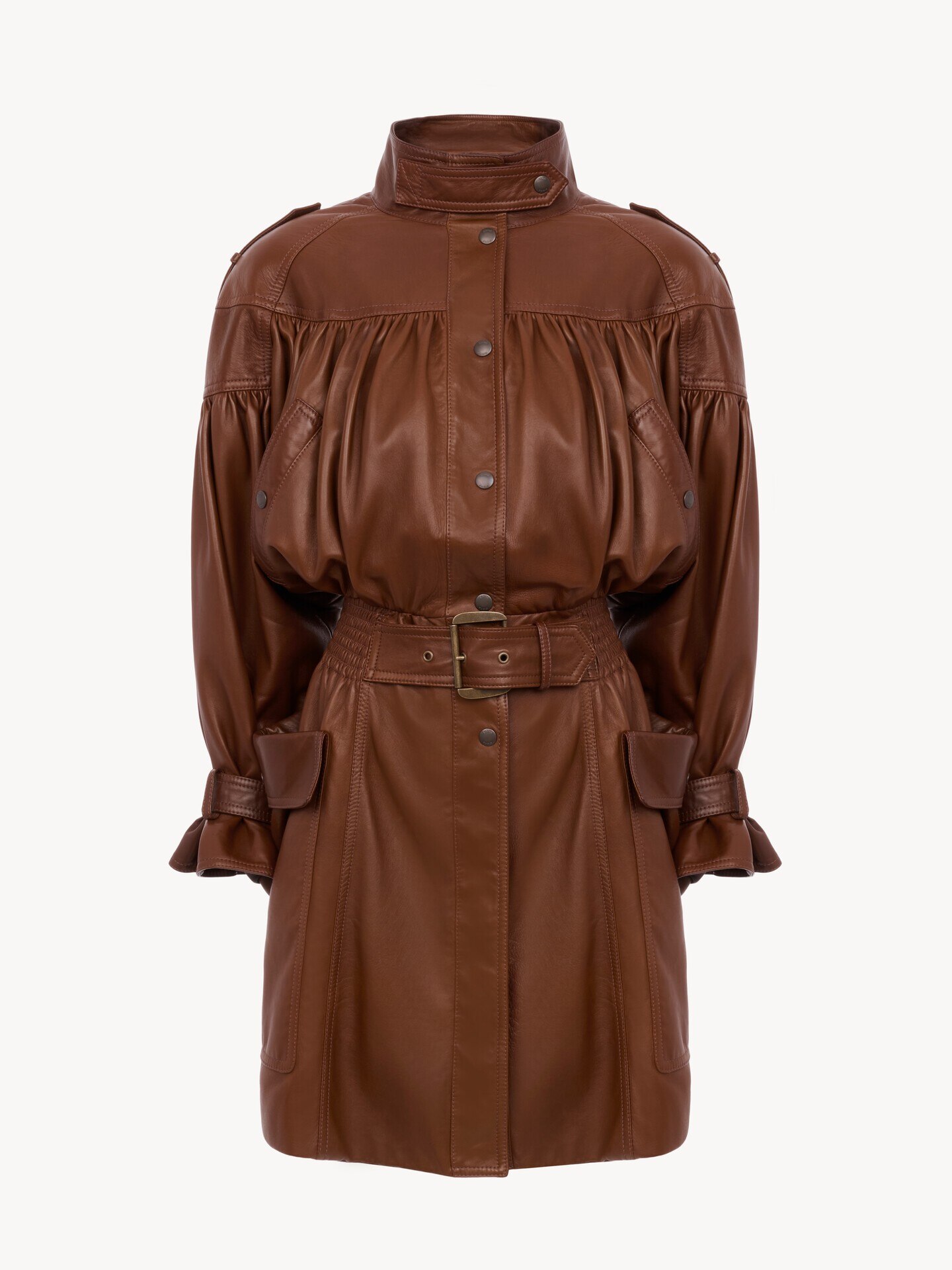 High-neck puff-sleeve leather coat - 1