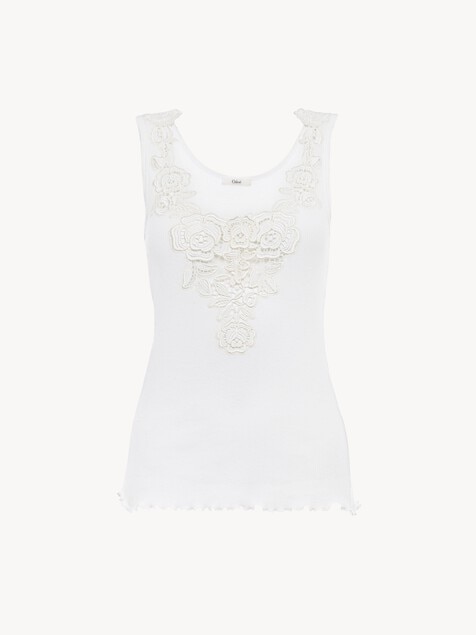 Fitted tank top in cotton jersey & guipure