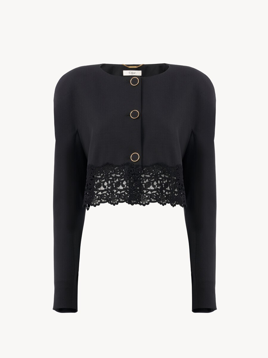 Kragenlose Cropped-Jacke aus Woll-Grain de Poudre - 2