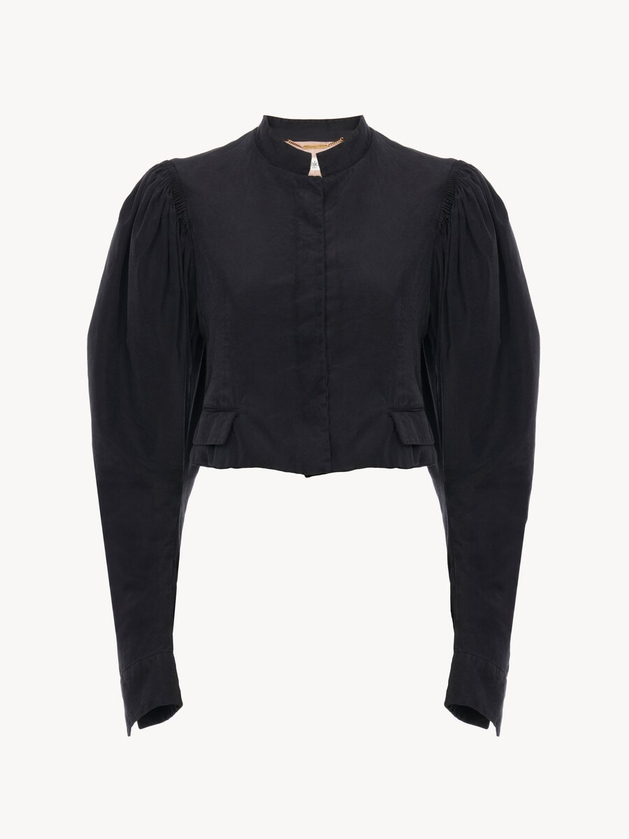 Puff-sleeve cropped jacket in silk faille - 1