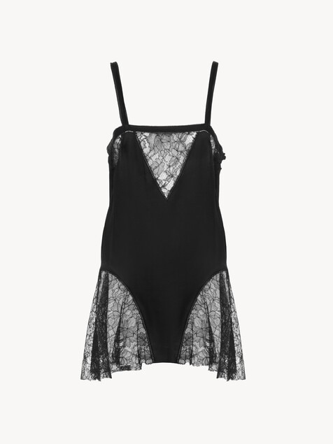 Mini-robe sans manches en charmeuse de soie et dentelle