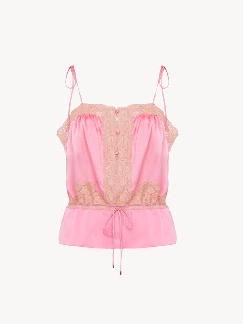 Drawstring camisole top in washed silk satin & lace