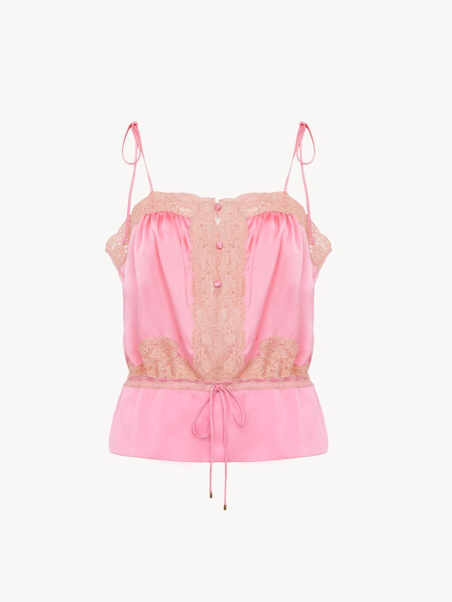 Drawstring camisole top in washed silk satin & lace - 2