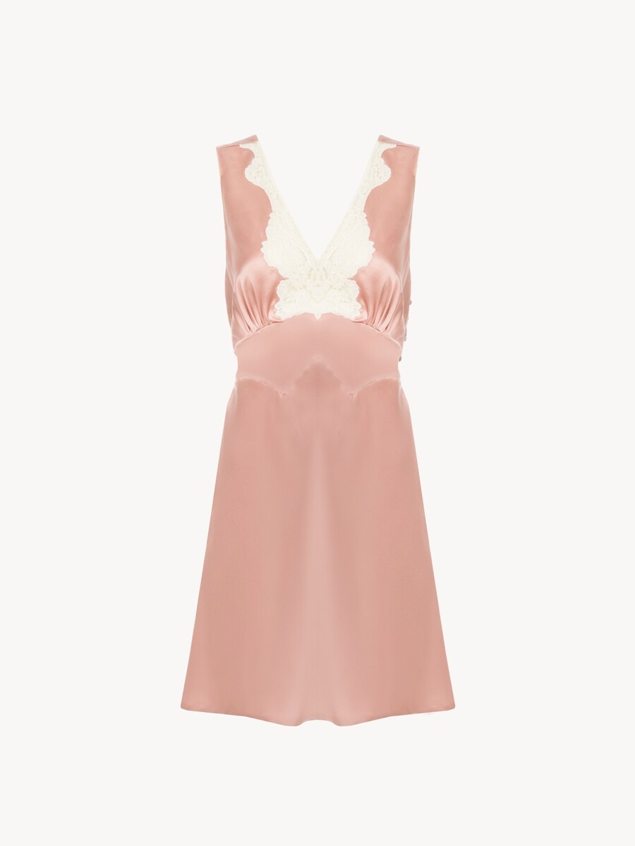 Sleeveless mini dress in washed silk satin & lace - 2