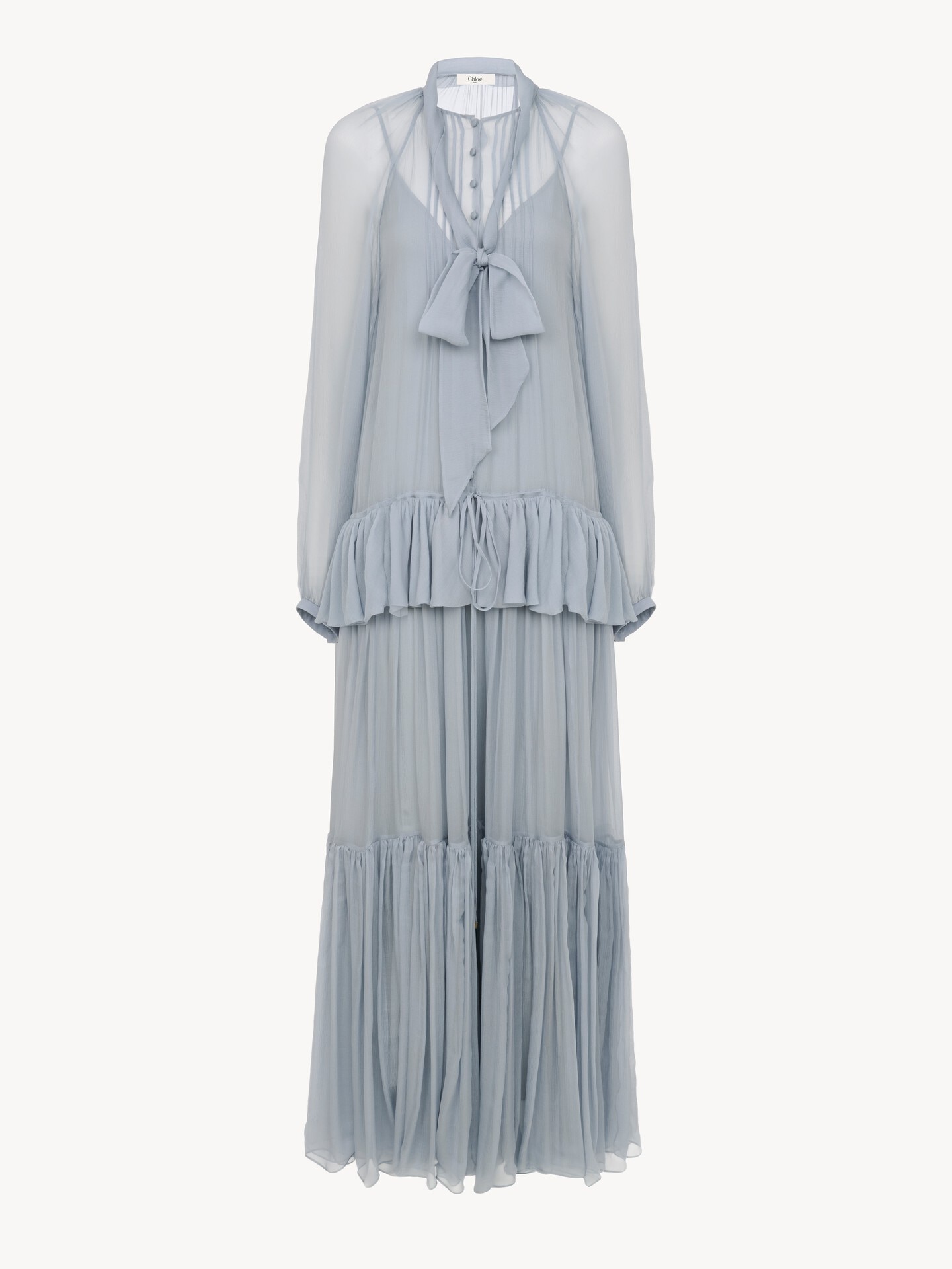 Fluid long dress in silk mousseline with lavalli&egrave;re tie - 2