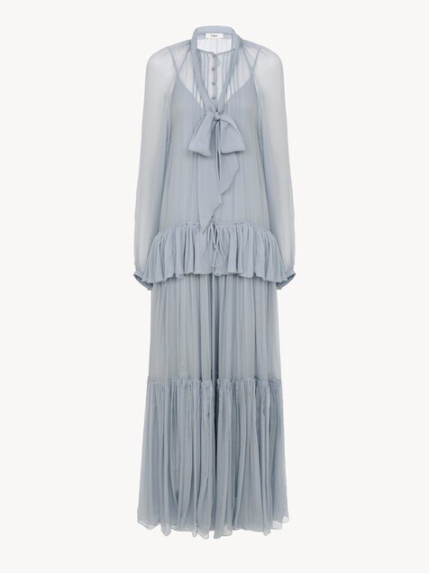 Fluid long dress in silk mousseline with lavalli&egrave;re tie