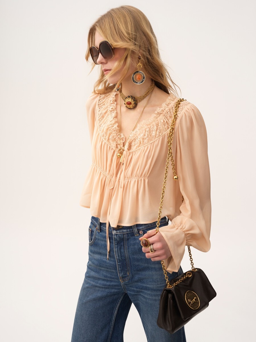Scoop-neck cropped top in silk georgette & lace - 4