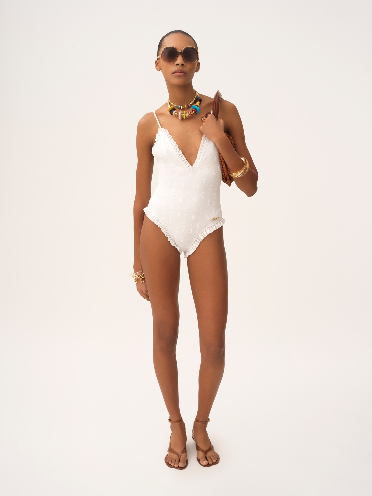 Maillot de bain une pi&egrave;ce col V &agrave; volants et logo - 3