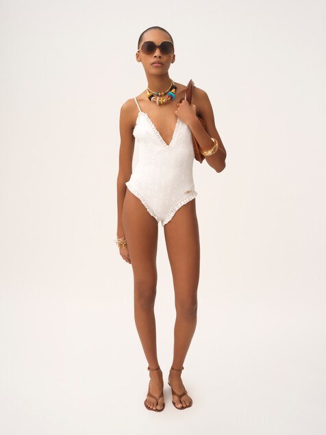 Maillot de bain une pi&egrave;ce col V &agrave; volants et logo